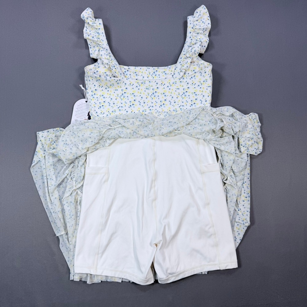 Blogilates Womens S White Floral Recycled Poly Romper Active Dress Ruffle Pocket - Picture 4 of 7